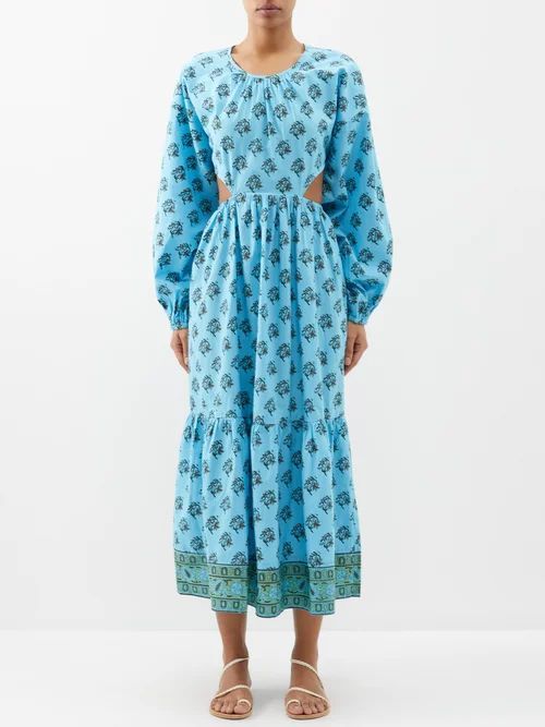 Carmen Floral-print Cotton-voile Midi Dress - Womens - Blue Multi