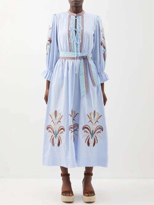 Florence Belted Embroidered-cotton Midi Dress - Womens - Blue Multi