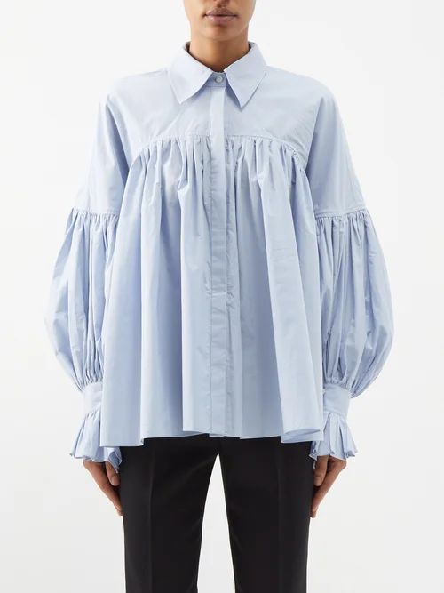 Collie Balloon-sleeve Washed Cotton-poplin Shirt - Womens - Light Blue