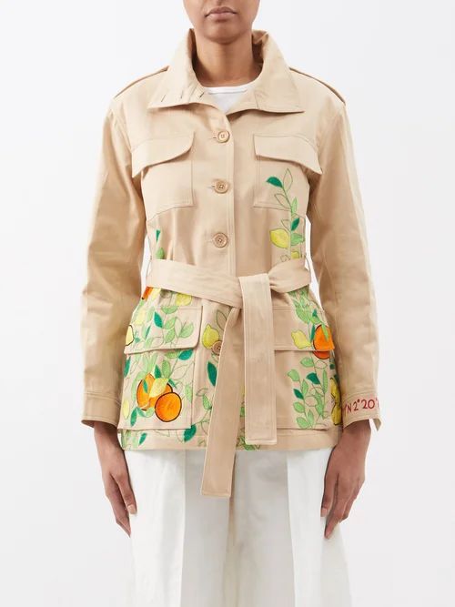 Orange Picking Embroidered Cotton Jacket - Womens - Beige Multi