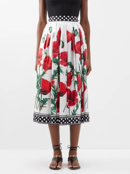 Happy Garden Poppy-print Silk Midi Skirt - Womens - Red Print
