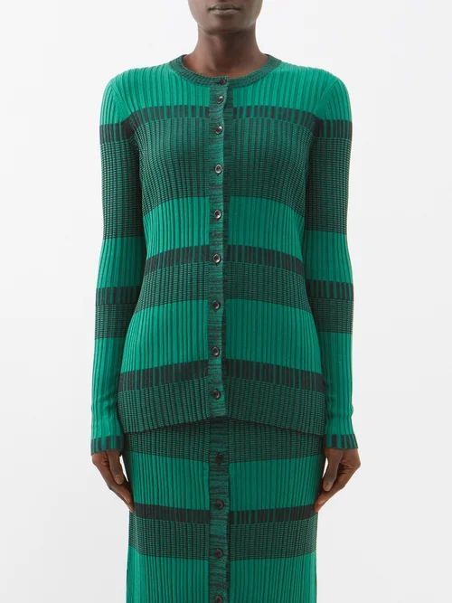 Striped Ribbed Silk-blend Cardigan - Womens - Green Black