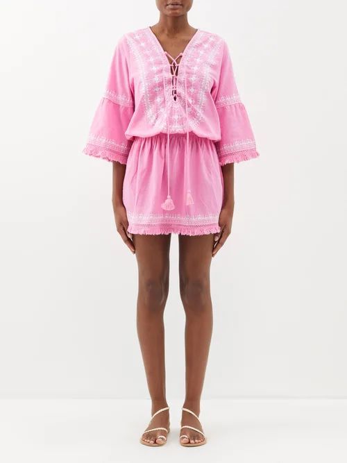 Martina Drawstring-front Cotton-blend Mini Dress - Womens - Pink White