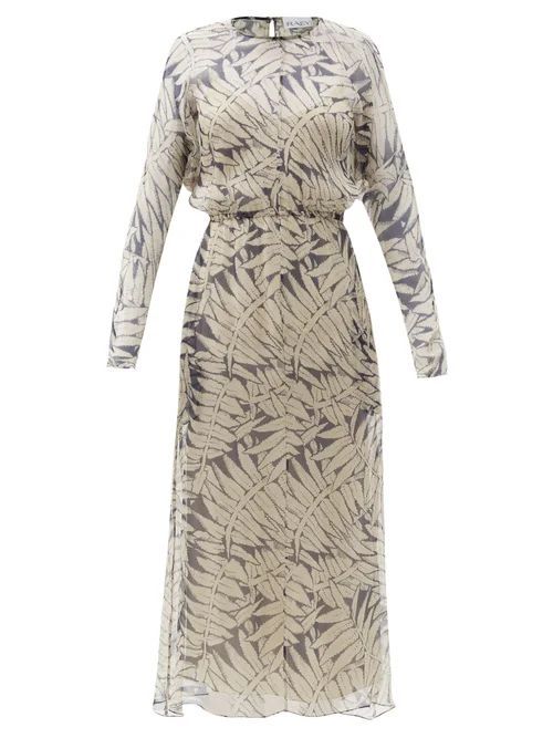 Spotty Fern-print Silk Midi Dress - Womens - Navy Print