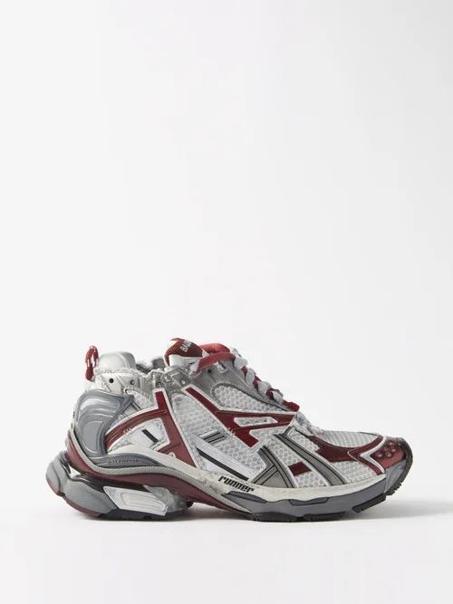 Runner Mesh And Faux Leather Trainers - Womens - Burgundy