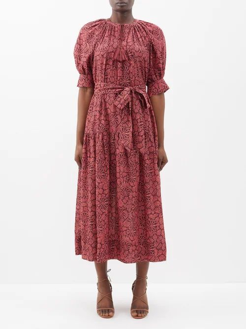 Selena Puff-sleeve Printed Cotton-blend Midi Dress - Womens - Red Print