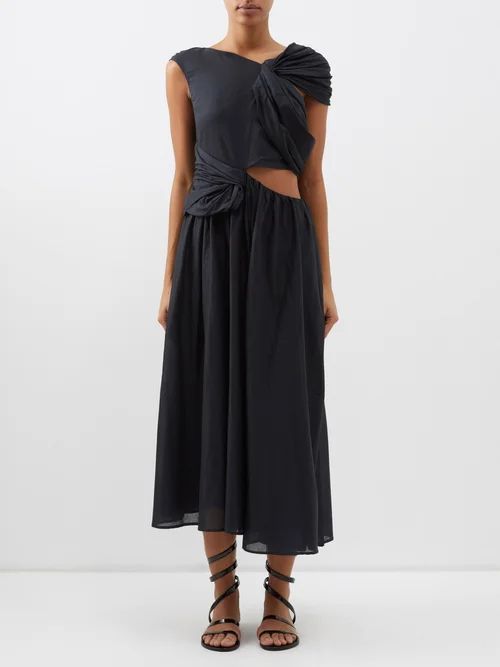 Rhapsody Asymmetric Cotton-voile Midi Dress - Womens - Black