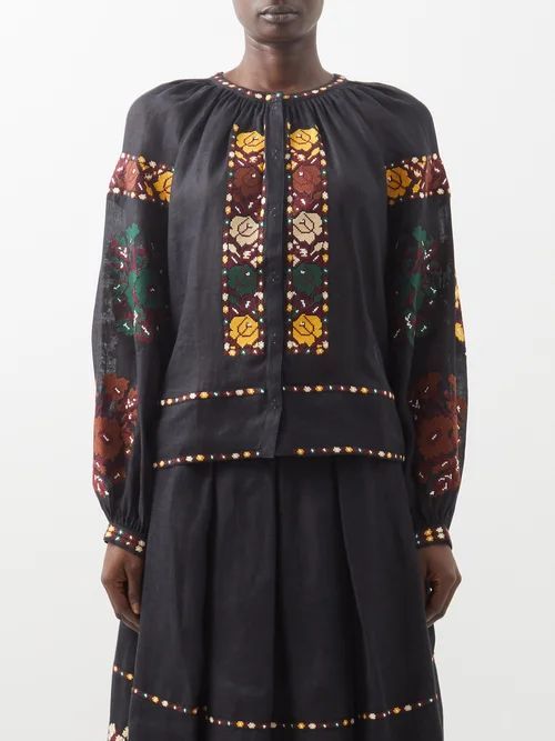 Kristinka Embroidered Linen Blouse - Womens - Black Multi