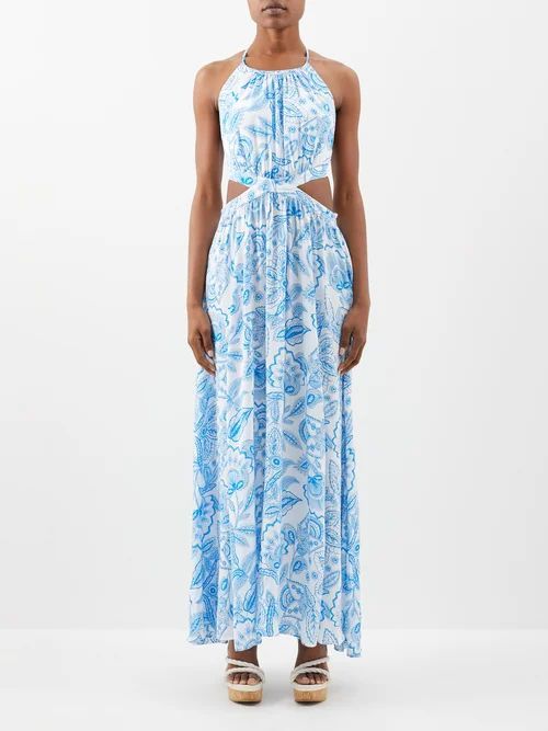 Arabella Cutout Printed Maxi Dress - Womens - Blue White