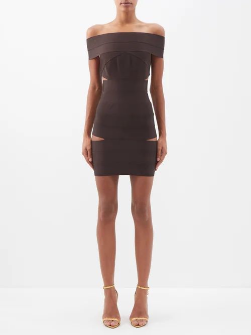 Off-the-shoulder Cutout Jersey Mini Dress - Womens - Dark Brown