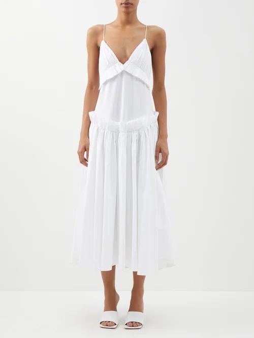 Andrina Ruffled Washed-cotton Midi Slip Dress - Womens - White