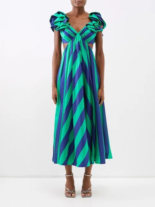 Tiggy Frilled Striped Silk Midi Dress - Womens - Navy Green