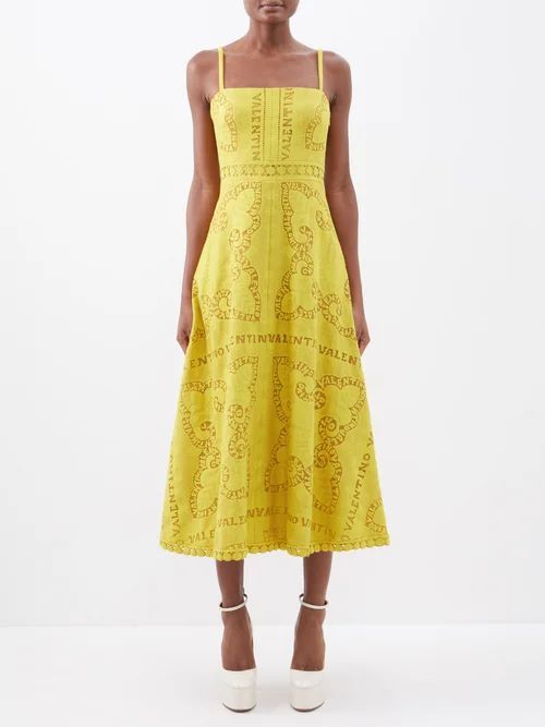 Logo-lace Cotton-blend Midi Dress - Womens - Yellow