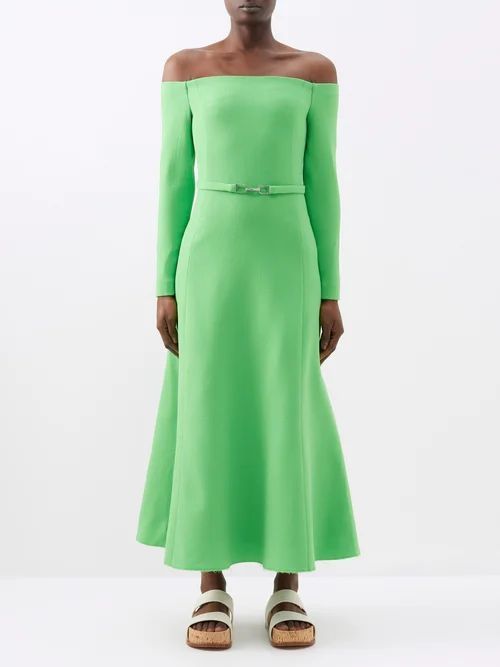 Carole Off-the-shoulder Knitted Dress - Womens - Bright Green