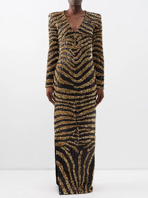 Side-slit Zebra-print Sequinned Gown - Womens - 01bk
