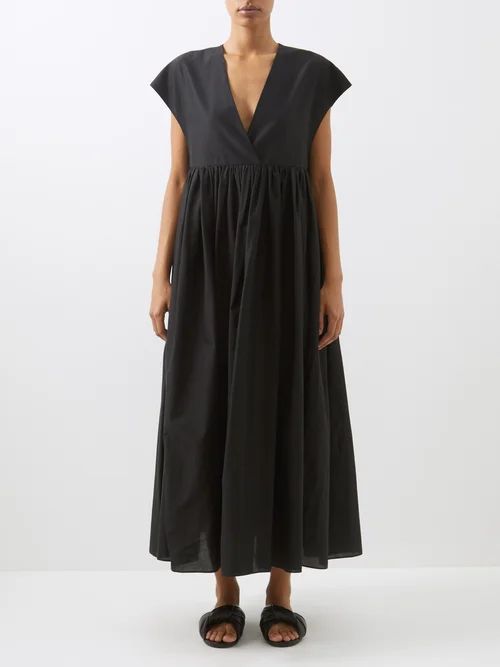 Deep-v Organic Cotton-blend Gathered Dress - Womens - Black