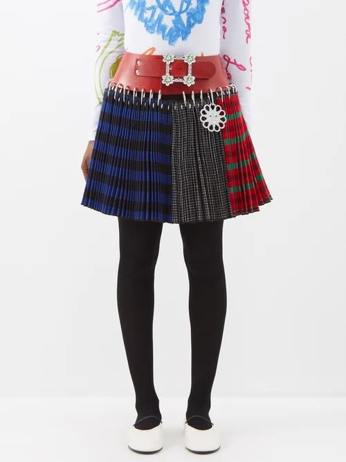 Thorn Belted Pleated-wool Mini Skirt - Womens - Red White Blue