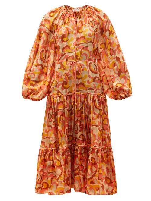 Mae Tiered Swirl-print Silk Midi Dress - Womens - Orange Print