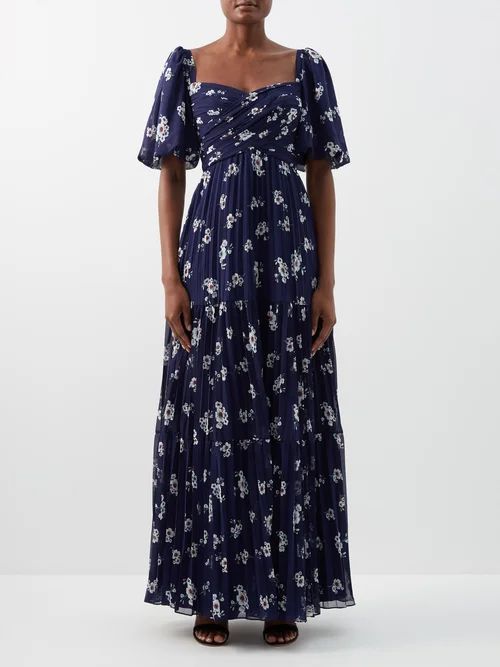 Pansy-print Pleated-chiffon Maxi Dress - Womens - Navy Multi