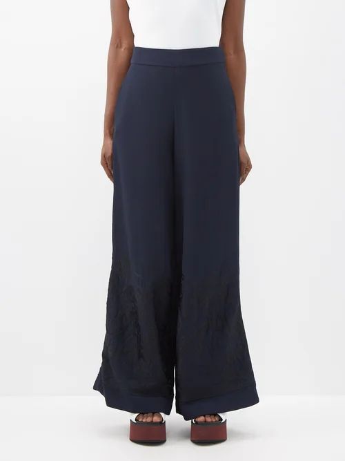 Fonda Floral-embroidered Wide-leg Trousers - Womens - Navy