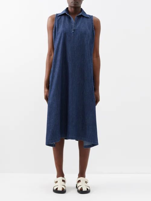 Spread-collar Oversized Denim Midi Dress - Womens - Dark Blue