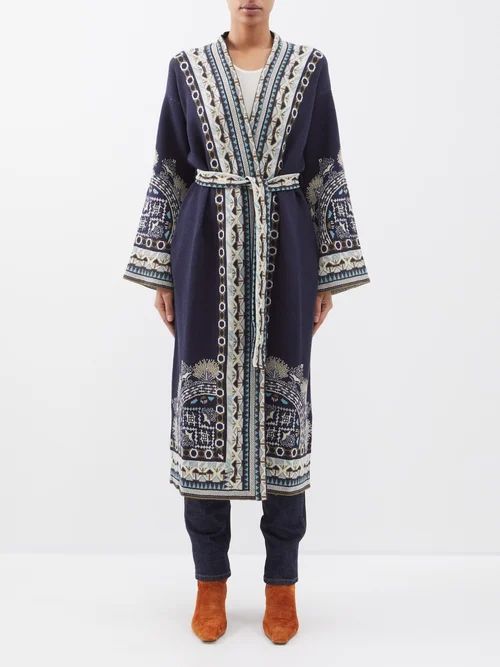 Geometric-jacquard Longline Cardigan - Womens - Navy