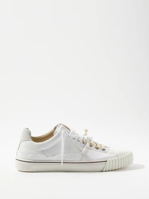 Evolution Distressed Canvas And Leather Trainers - Womens - Off White