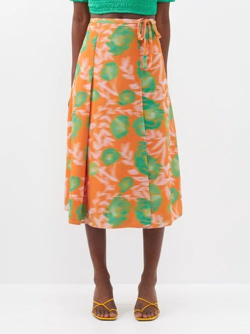 Blurred Floral-print Crepe Wrap Skirt - Womens - Orange Multi