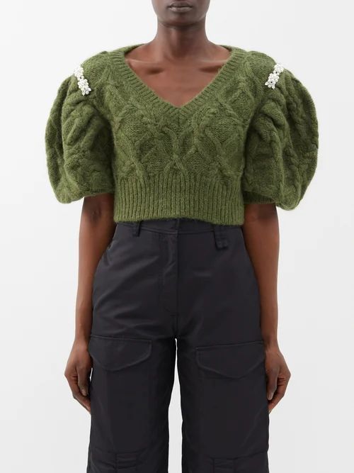 Puff-sleeve Alpaca-blend Cropped Sweater - Womens - Khaki Cream
