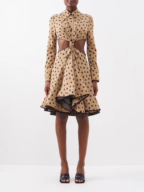 Knotted-front Cutout Polka-dot Dress - Womens - Beige Black