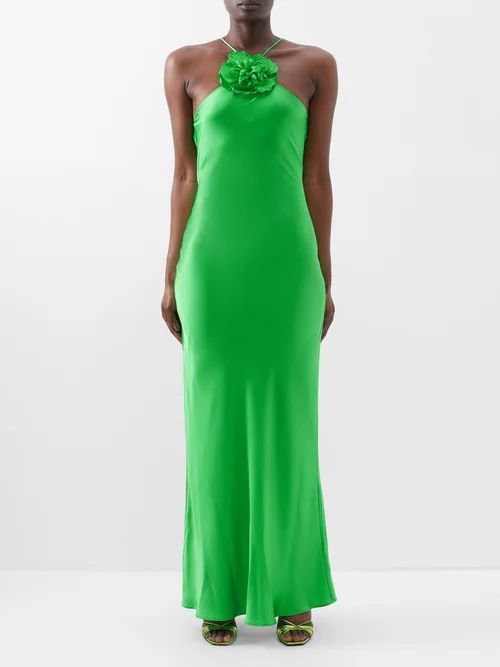 Halterneck Floral-appliqué Silk-satin Dress - Womens - Green