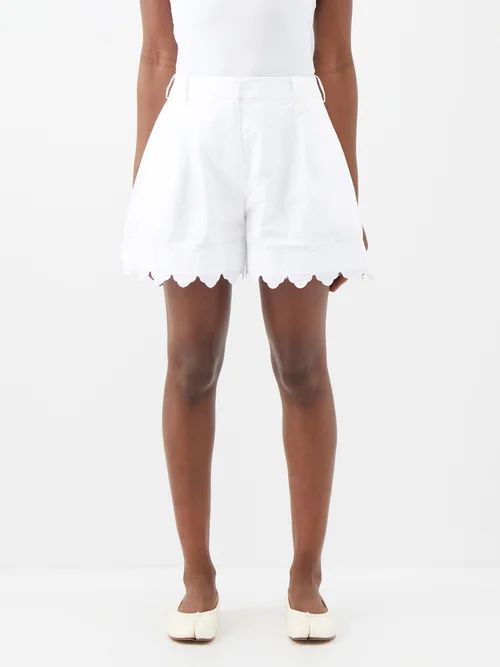 Lace-trim Scalloped-hem Cotton-poplin Shorts - Womens - White