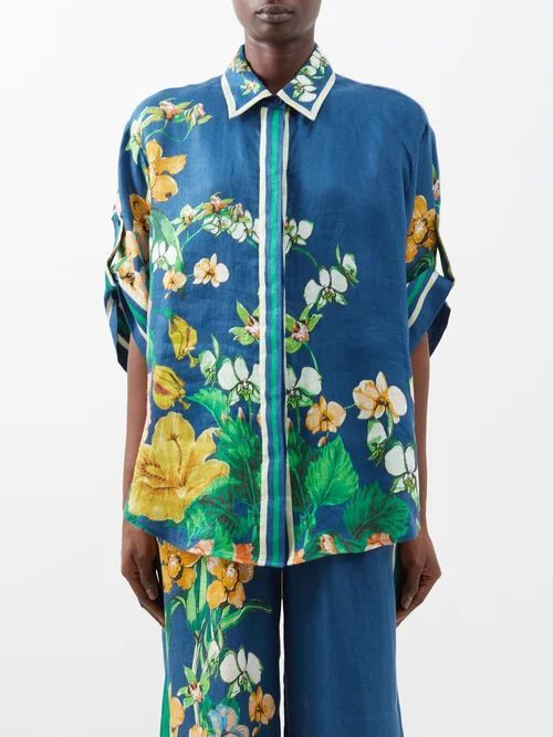 Lyla Floral-print Linen-twill Shirt - Womens - Blue Multi