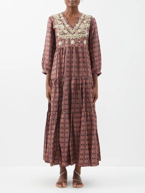 Frangipani Flower-embroidered Silk Midi Dress - Womens - Multi