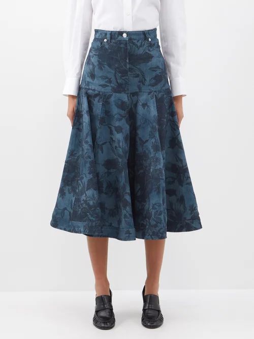Lace Floral-print Denim Fluted Midi Skirt - Womens - Denim Multi
