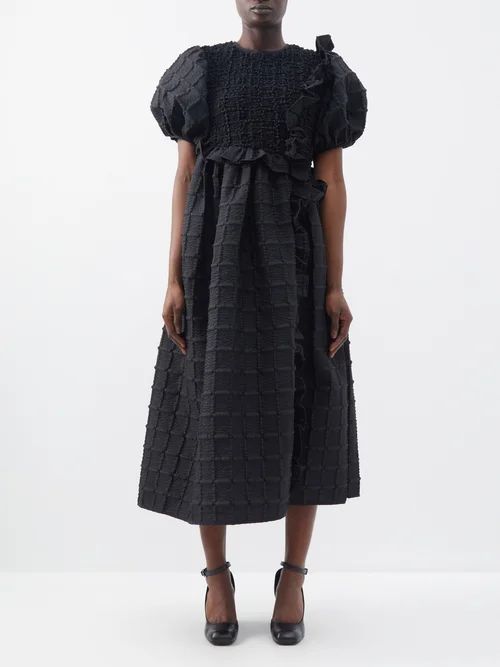 Chloe Puff-sleeve Matelassé Midi Dress - Womens - Black