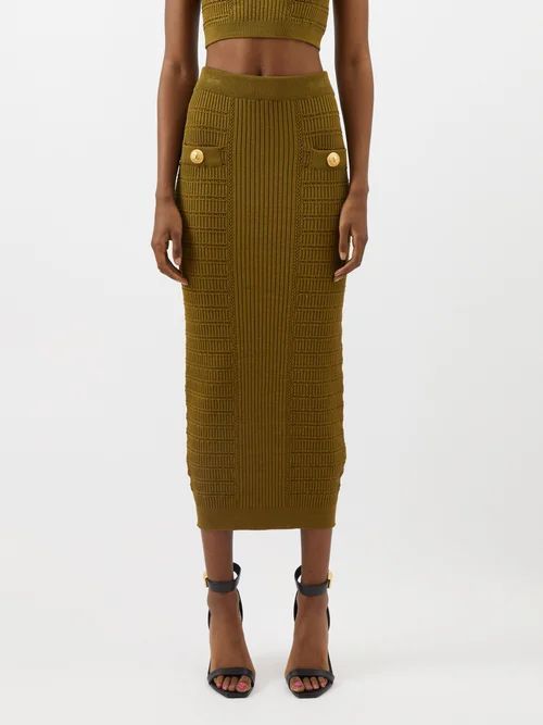 Gold-button High-rise Knit Midi Skirt - Womens - Khaki