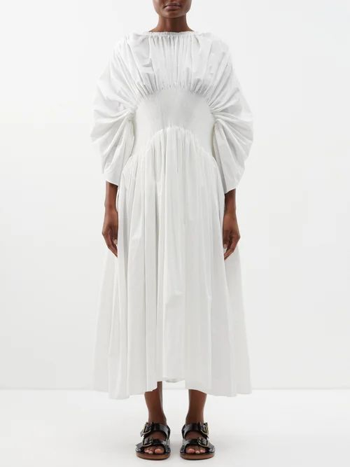 Bandonenon Ruched Cotton-poplin Dress - Womens - Off White