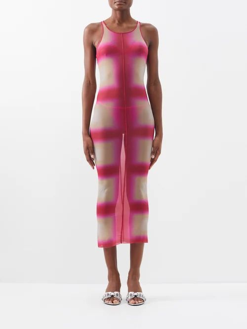Racerback Plaid-print Jersey Midi Dress - Womens - Pink Print