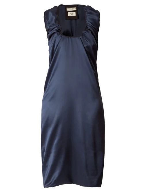 Gathered Scoop-neck Satin Midi Dress - Womens - Dark Blue