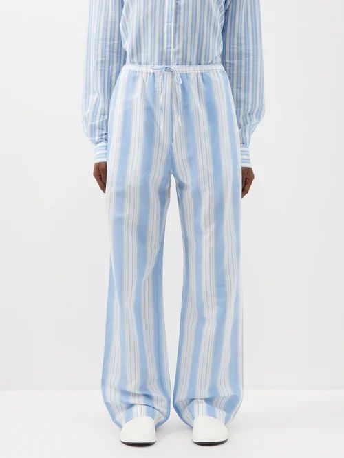 Drawstring-waist Striped Cotton-blend Trousers - Womens - Blue White