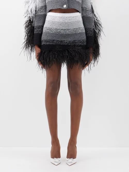 Feather-trim Ombré Knitted Mini Skirt - Womens - Black Grey