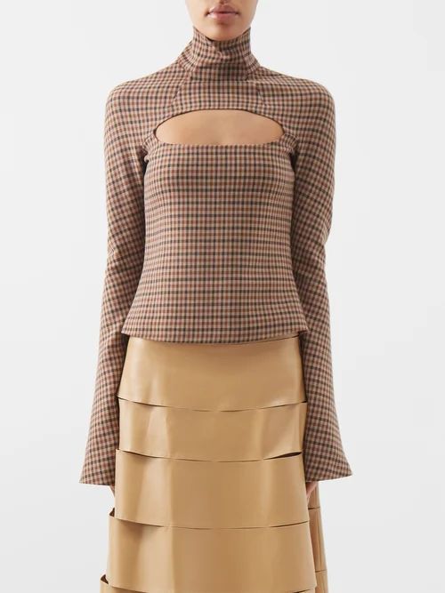 Cutout Checked Wool-blend Top - Womens - Brown Multi