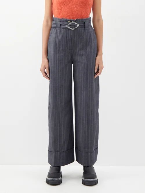 High-rise Pinstriped Felt Wide-leg Trousers - Womens - Grey