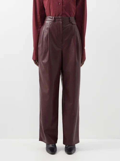 Pernille High-rise Pleated Faux-leather Trousers - Womens - Burgundy