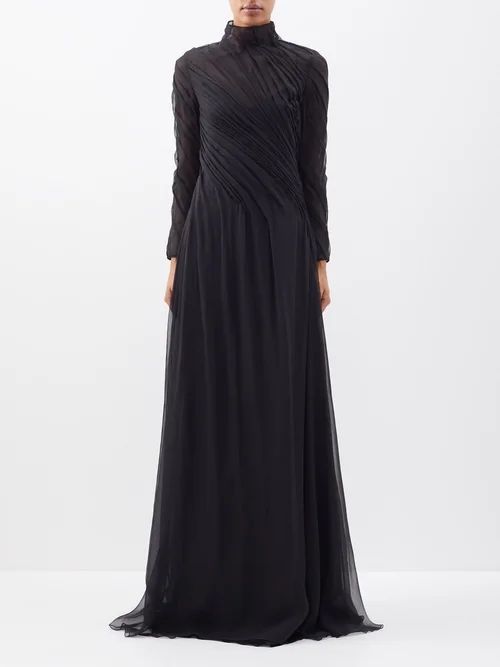 High-neck Ruched Silk-chiffon Gown - Womens - Black