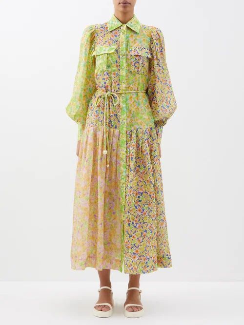 Daisy Floral-print Patchwork Ramie Dress - Womens - Yellow Multi