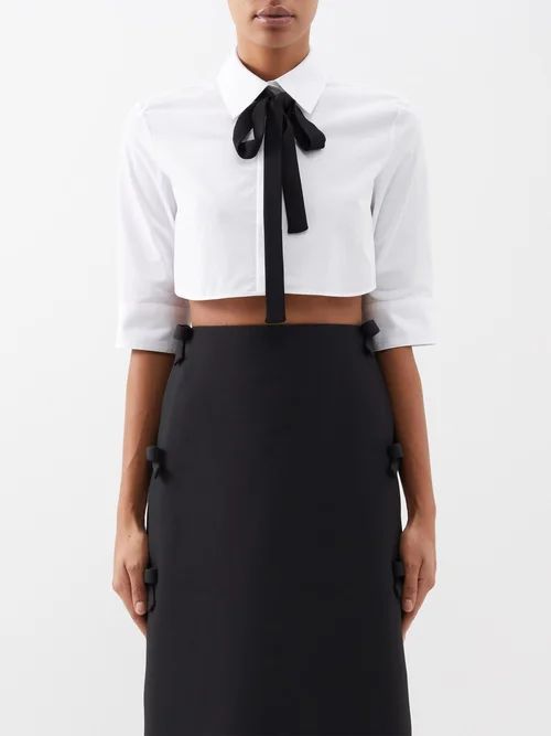 Bow Tie Cotton-poplin Cropped Shirt - Womens - White Black