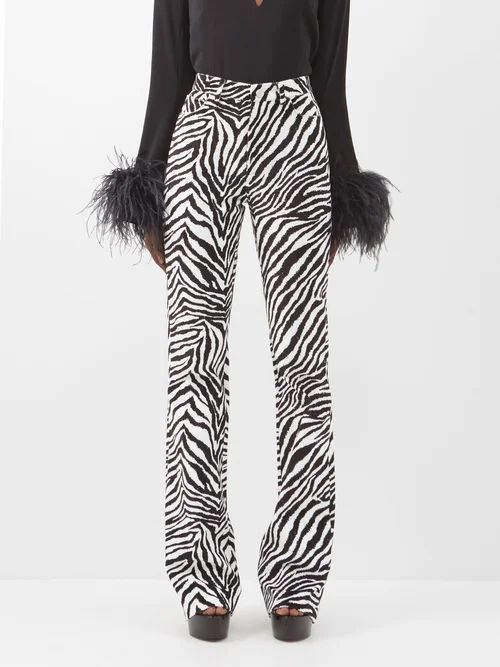 Zebra-print Cotton-velvet Flared Trousers - Womens - Black White