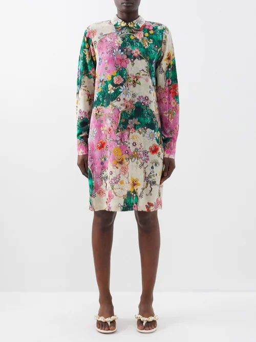 Sequin And Floral-print Longline Silk Shirt - Womens - Multi